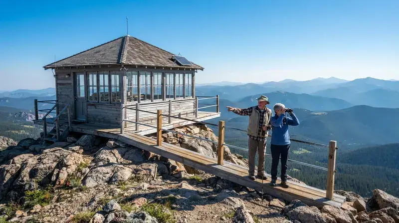 A fire lookout cabin with glass windows on a mountain summit, distant haze over ridges