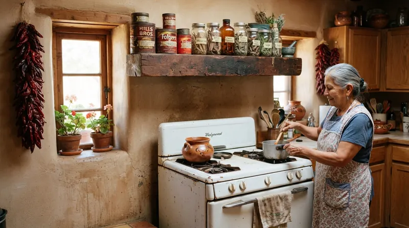 A kitchen shelf above an old stove holding dried roots and herbs in labeled coffee cans and glass jars