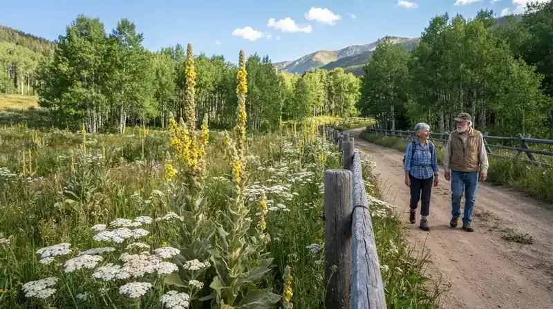 Tall yellow-flowered mullein stalks and white yarrow in a mountain meadow