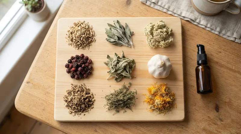 Nine small heaps of dried roots, leaves and flowers on a wooden board, with a garlic bulb and a small amber bottle with a pump top