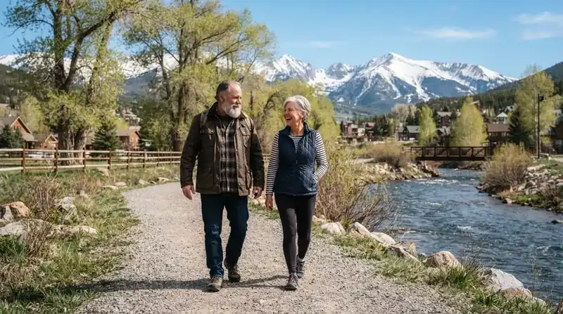 An older couple walking on a riverside path in a mountain town in spring, both in light jackets, with snowy peaks behind