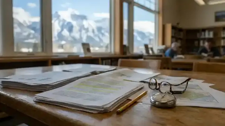 A library table with printed research pages, a pencil and a stopwatch, mountains through the window, slow zoom