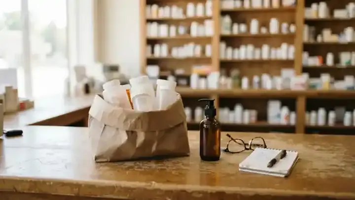 A pharmacy counter with a paper grocery bag of bottles and a small amber pump-top bottle beside it, slow zoom