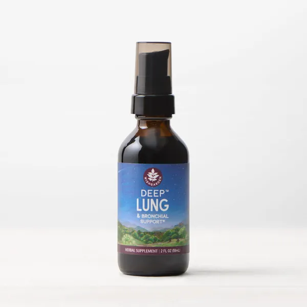 The WishGarden Herbs Deep Lung 2 oz amber bottle with a black pump top